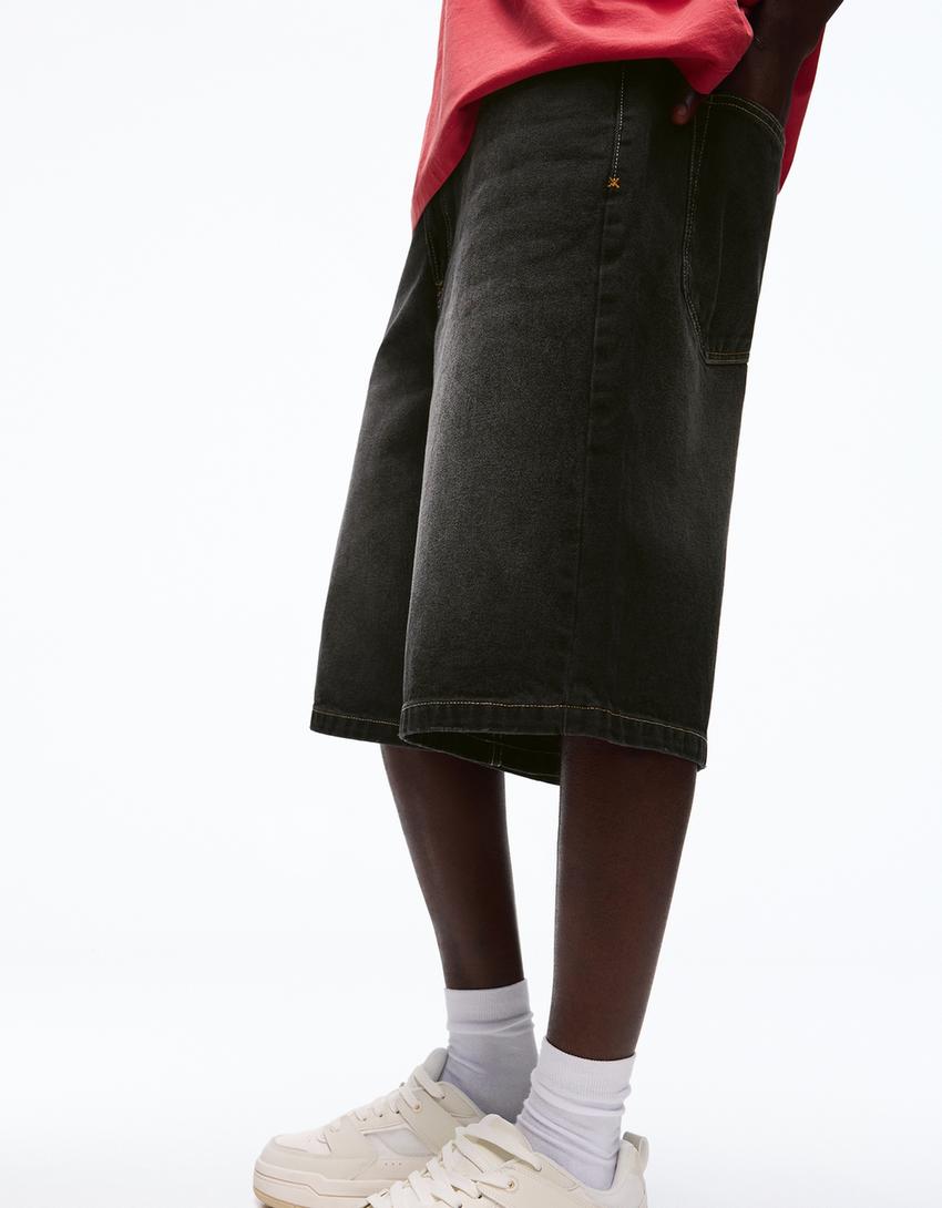 Baggy denim Bermuda shorts-Black