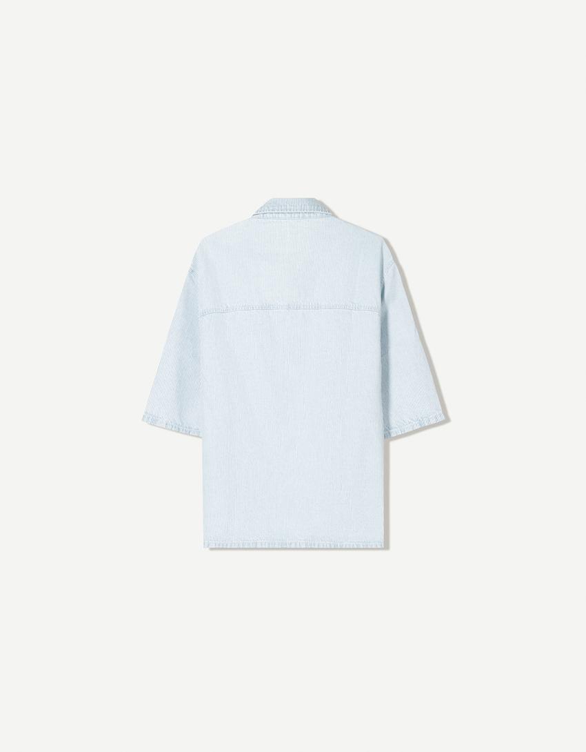 Camicia a maniche corte in denim-Azzurro Chiaro-5