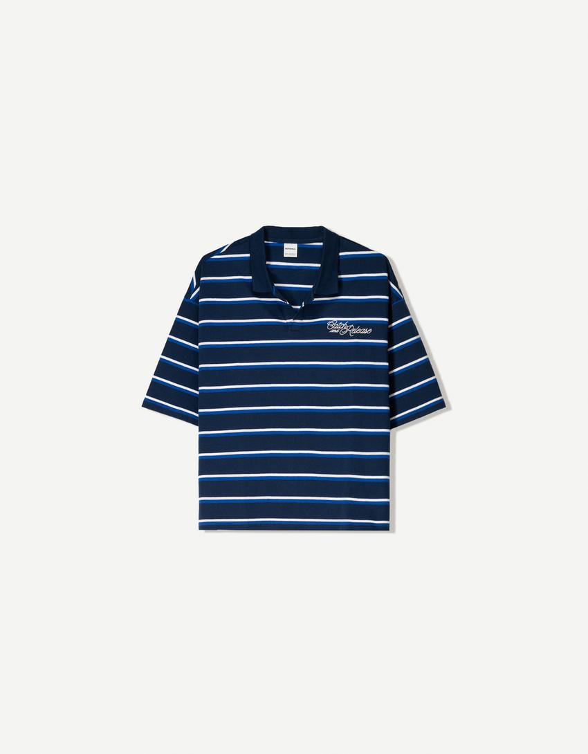Vyšívaná polokošile boxy fit s krátkými rukávy-Modrá-5