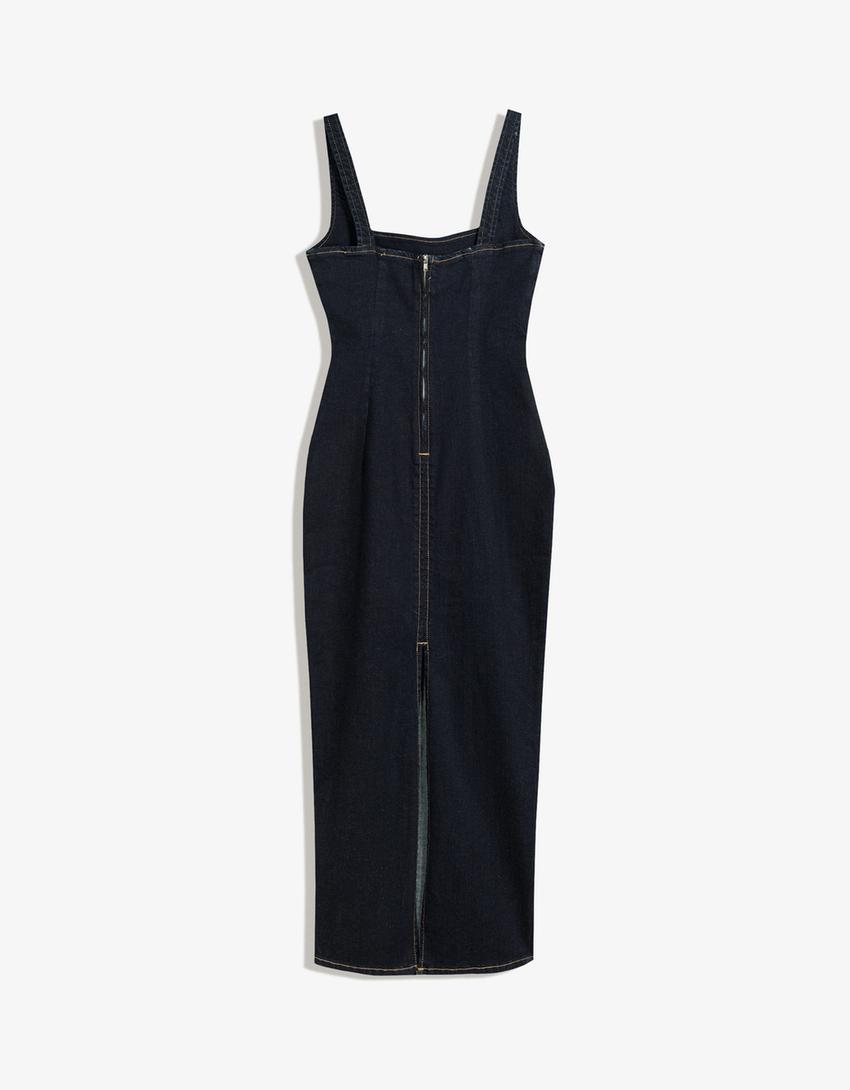 Askılı uzun denim elbise-Denizci mavisi-5