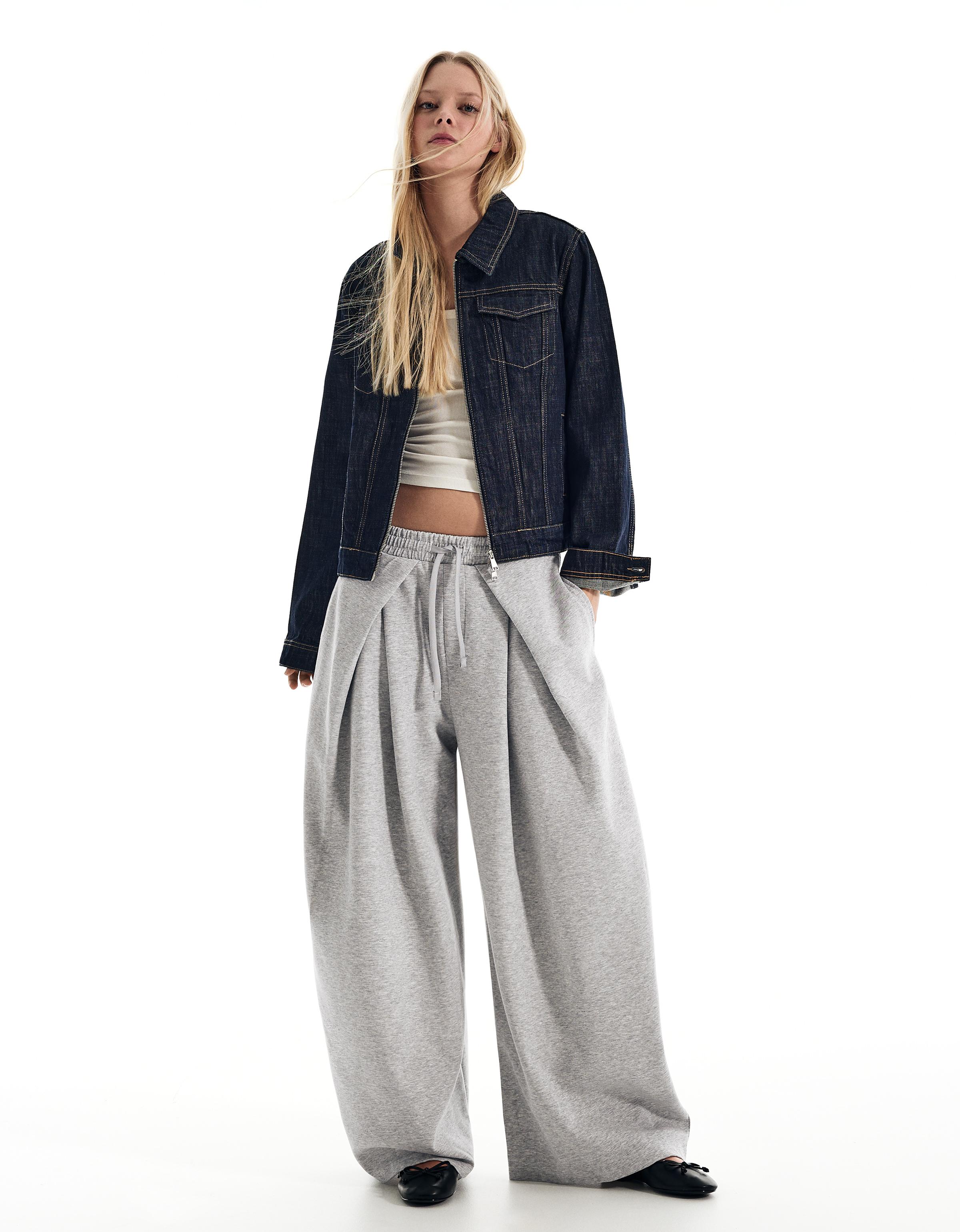 Neoprene effect wide-leg trousers with stoppers — Grey