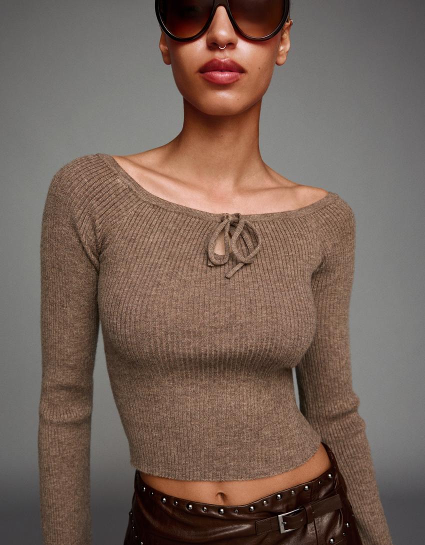 Sweater with tie detail-Brown