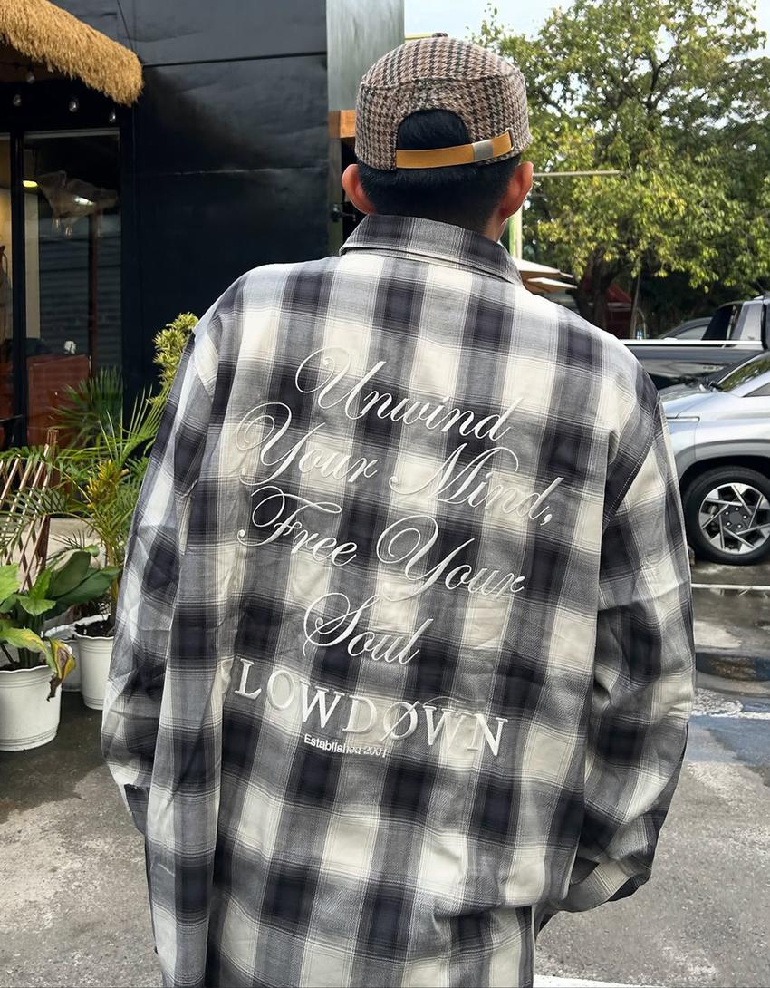 Siuvinėti languoti marškiniai ilgomis rankovėmis-Pilka