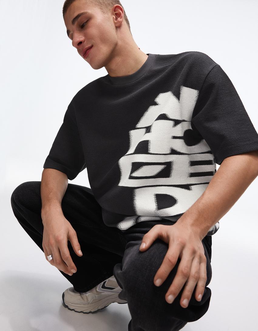 Short sleeve plush print T-shirt-Grey