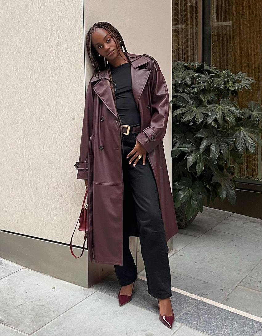 Faux leather trench coat-Maroon