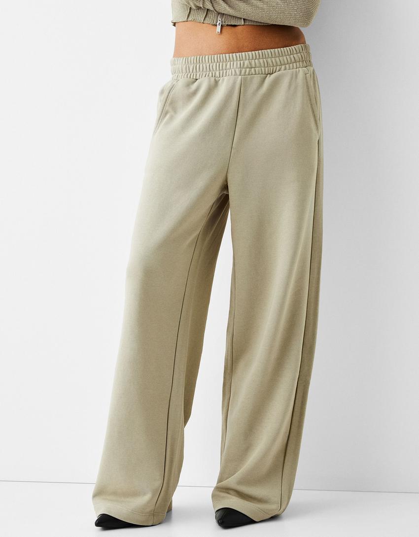بنطلون من نسيج البلش بساق عريضة-كاكي-1