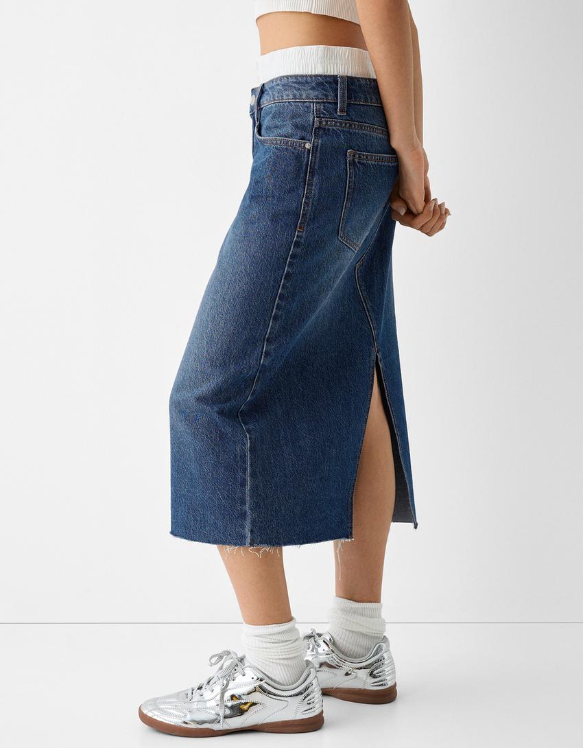 تنورة متوسطة الطول دنيم بسروال داخلي-أزرق-3