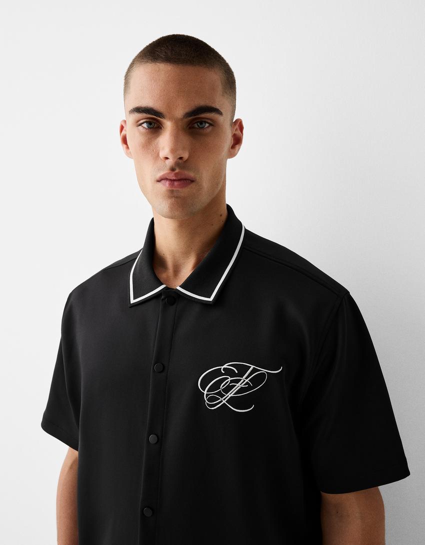 Camisa manga curta com interlock pormenor-Preto-6