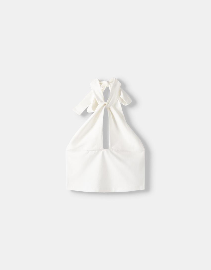 Top à encolure américaine croisée-Blanc cassé-4