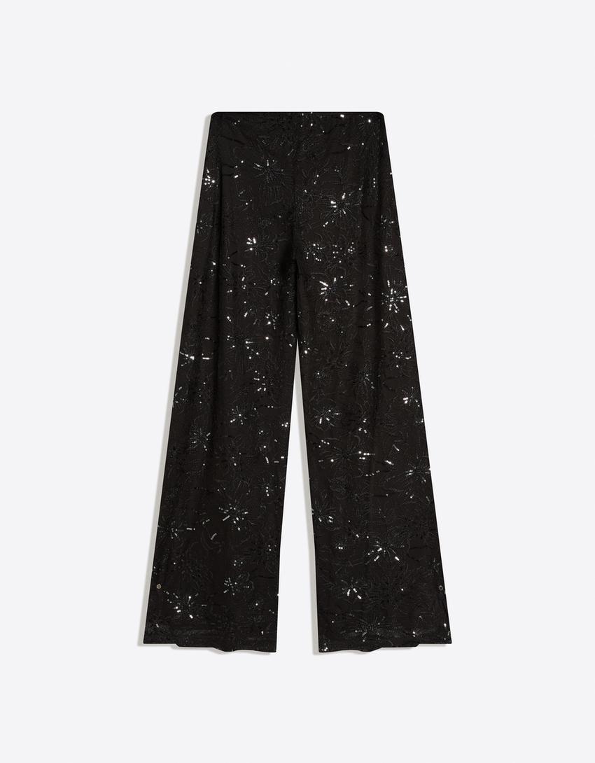 Sequin wide-leg trousers-Black