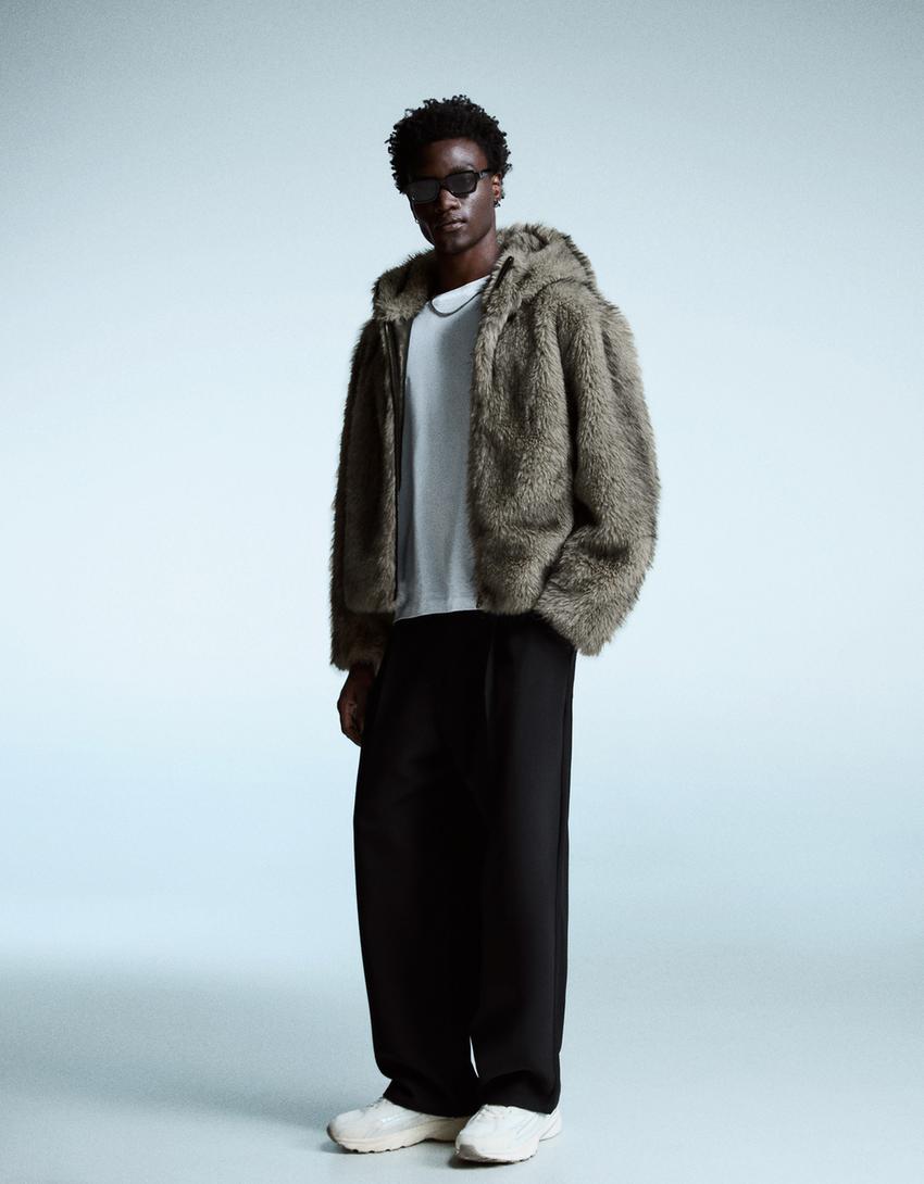 Faux fur hooded jacket-Grey