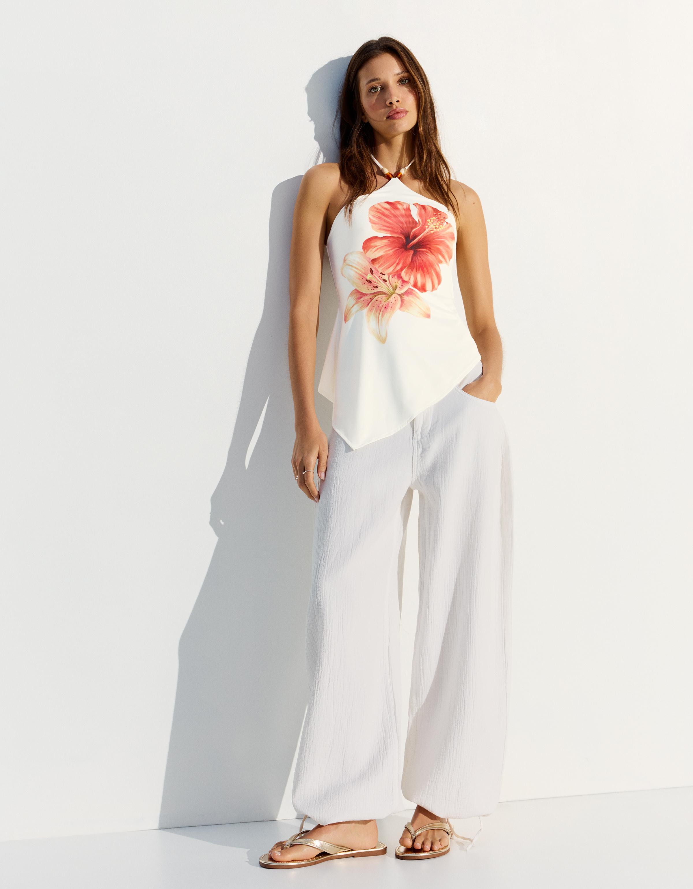 Top Cuello Halter Print Mujer S Blanco Roto