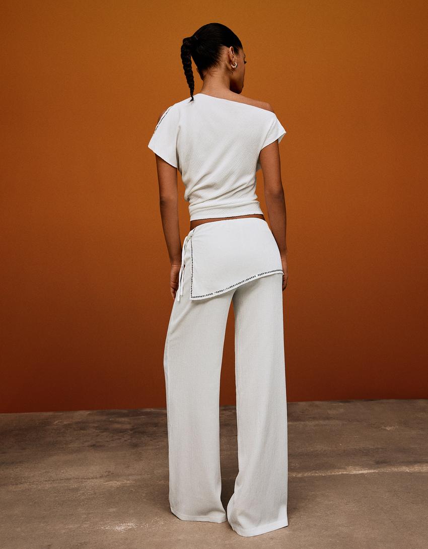 Asymmetric rustic short sleeve T-shirt-Cream