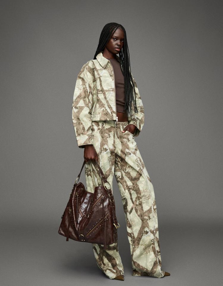 Baskılı crop denim ceket