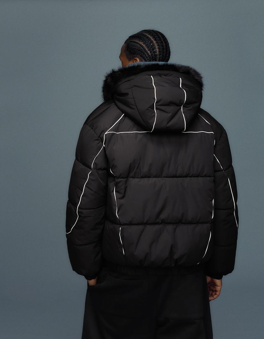 Technical jacket with faux fur hood-Black