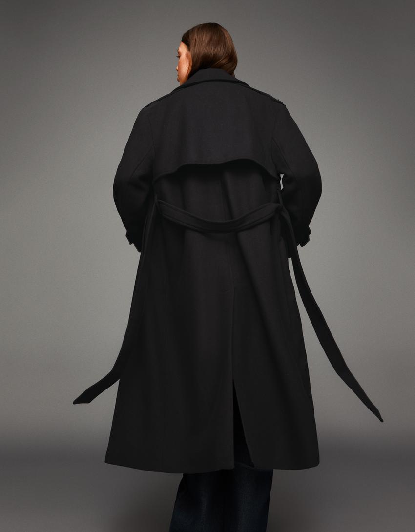 Sobretudo trench com lã oversize-Preto