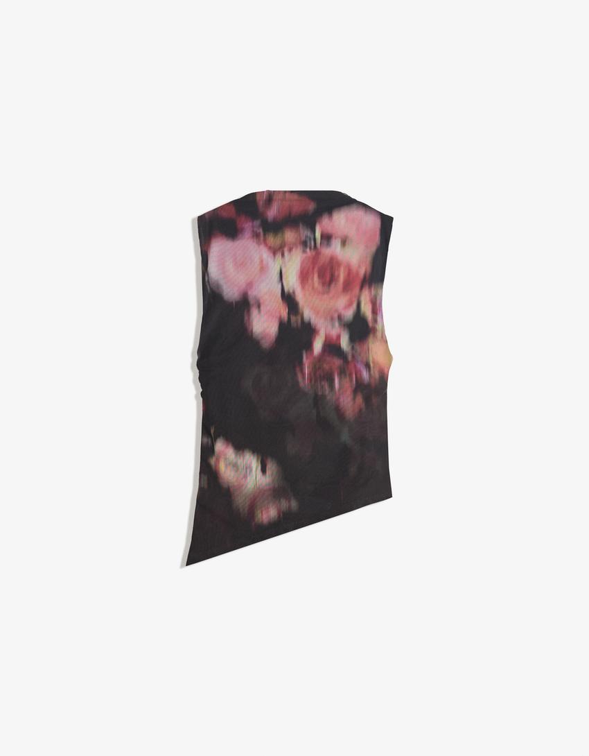 Sleeveless asymmetric mesh T-shirt-Black