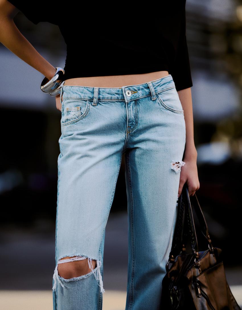 Ripped low-rise straight jeans-Light blue