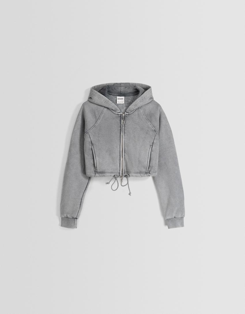 Cropped zip-up hoodie-Grey-4
