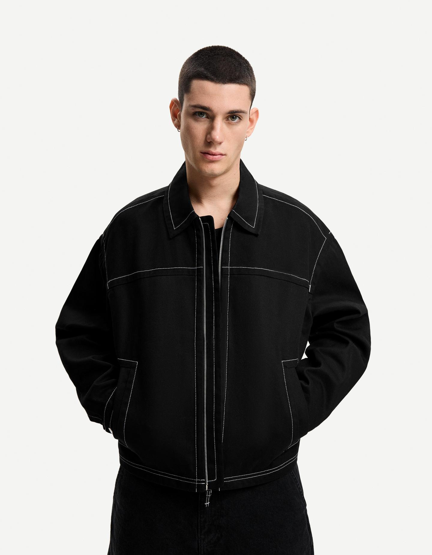 Bershka Cazadora Contraste Hombre Xl Negro