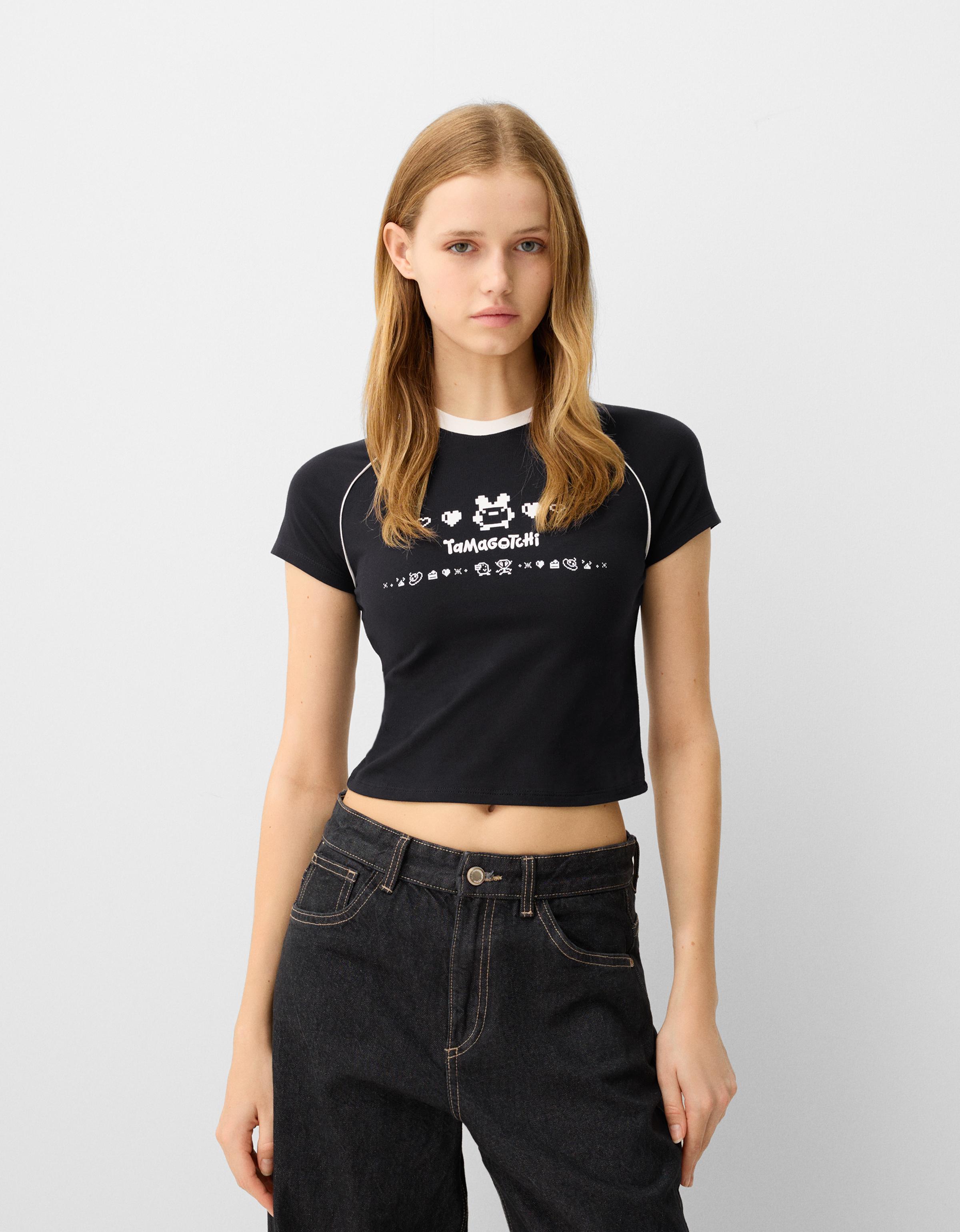 Bershka T-Shirt Tamagotchi Mit Kurzen Ärmeln Damen Xs Schwarz