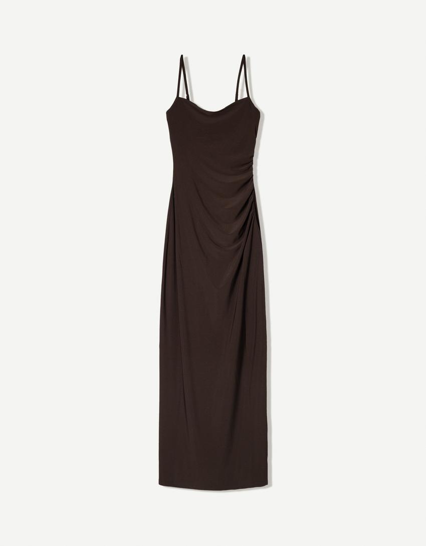 Vestido midi tirantes-Marrón