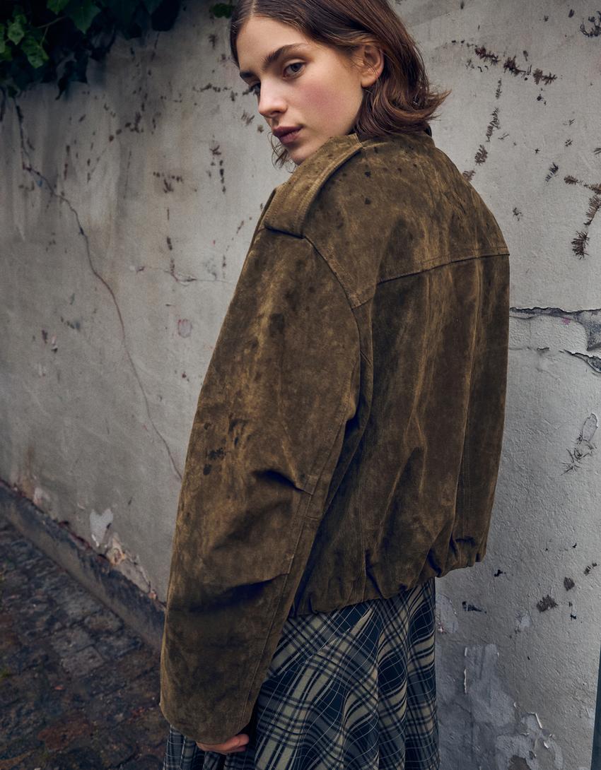 Leather and suede jacket-Khaki
