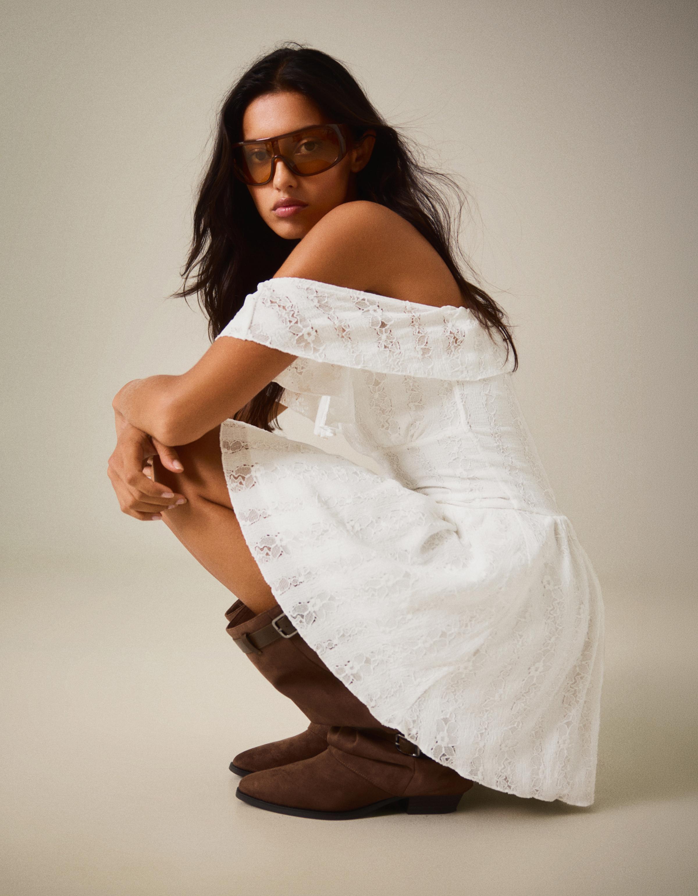 Bardot neckline lace dress — White