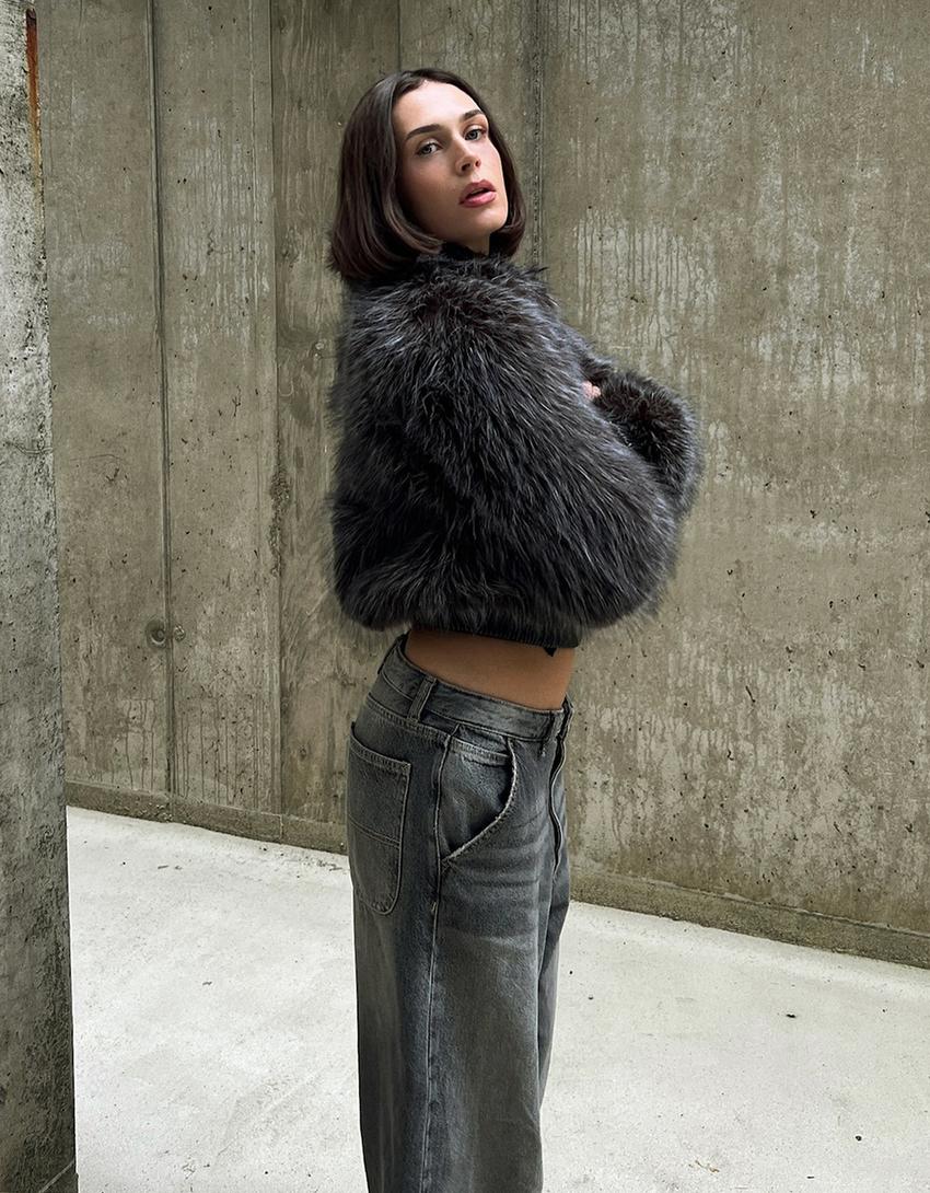 Zip-up faux fur jacket-Grey