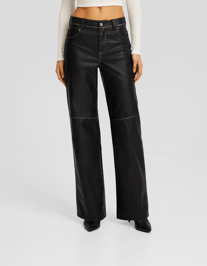 سروال بقصة مستقيمة من جلد صناعي معتق-أسود-1