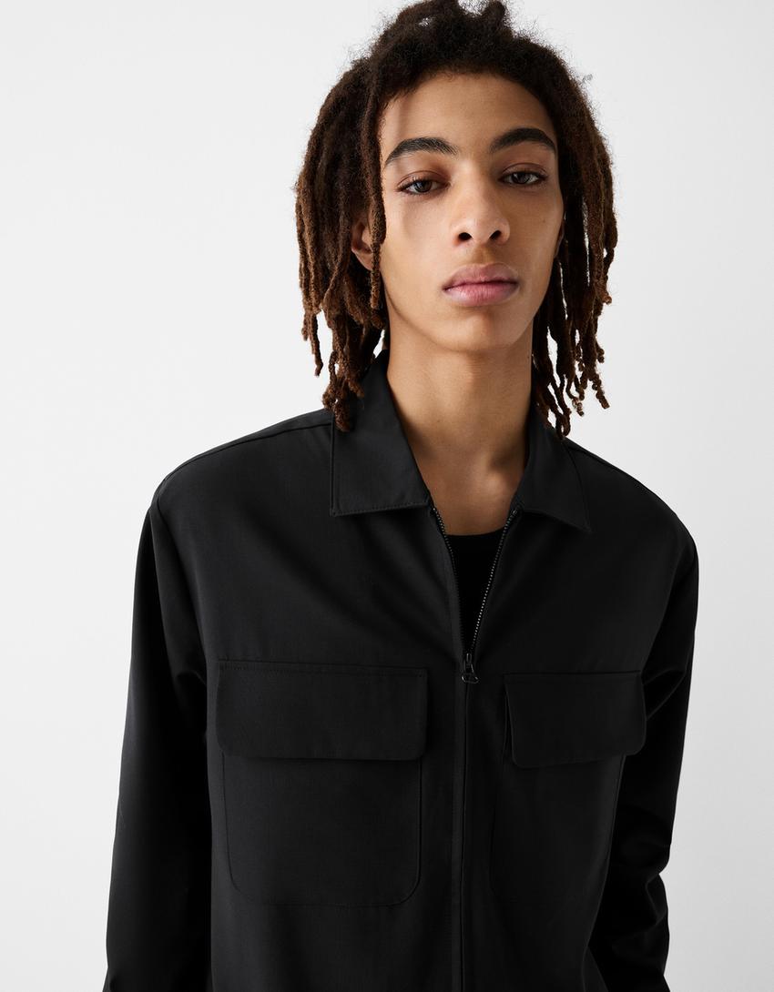 Surchemise fermeture Éclair mélange de laine-Noir-2