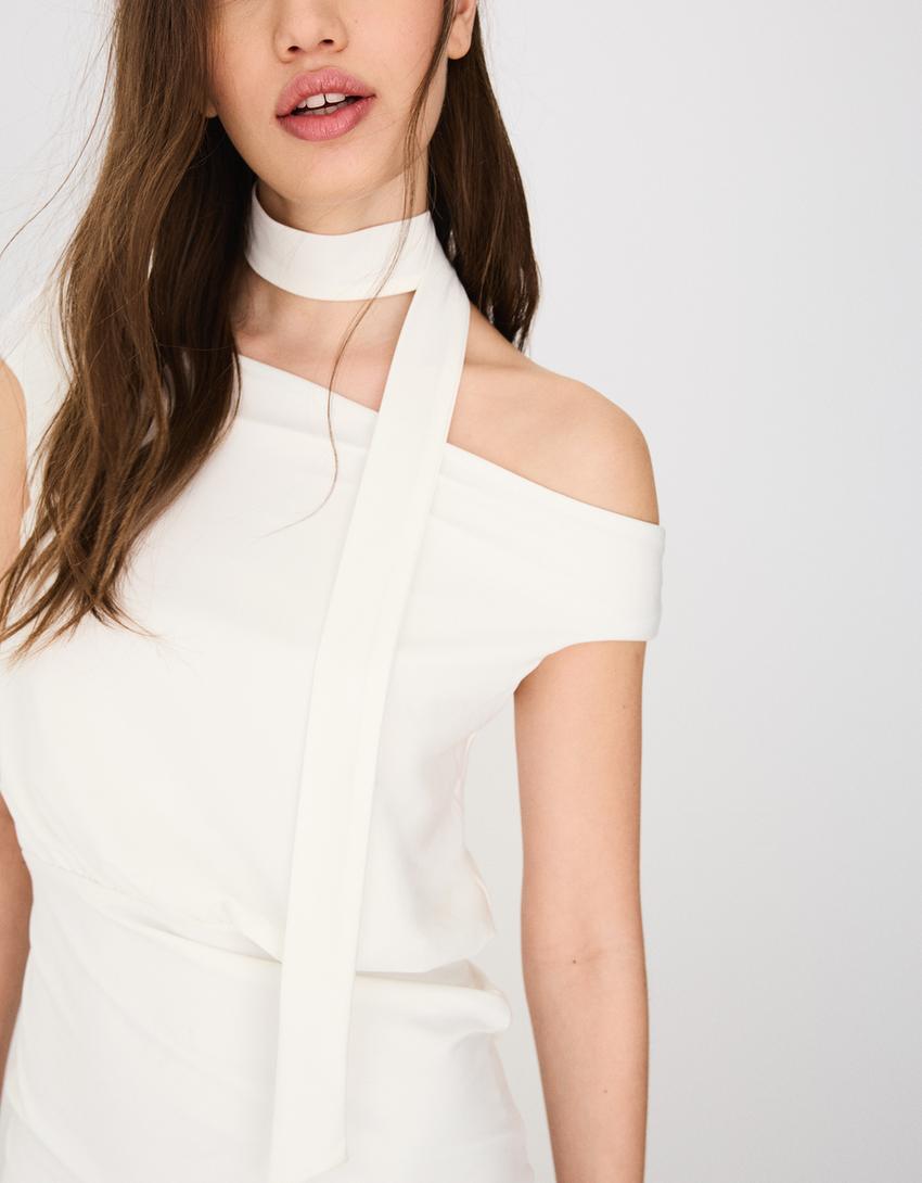 Vestido mini bardot pañuelo-Blanco