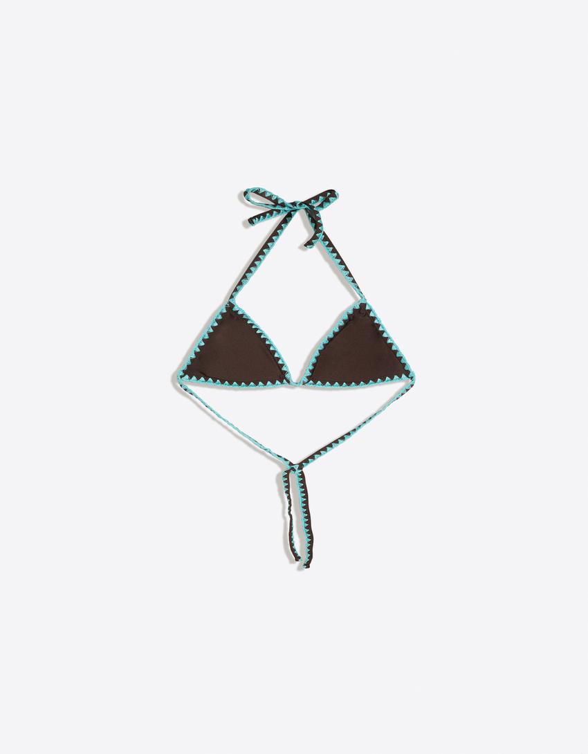 Haut de bikini à surpiqûres contrastantes-Marron