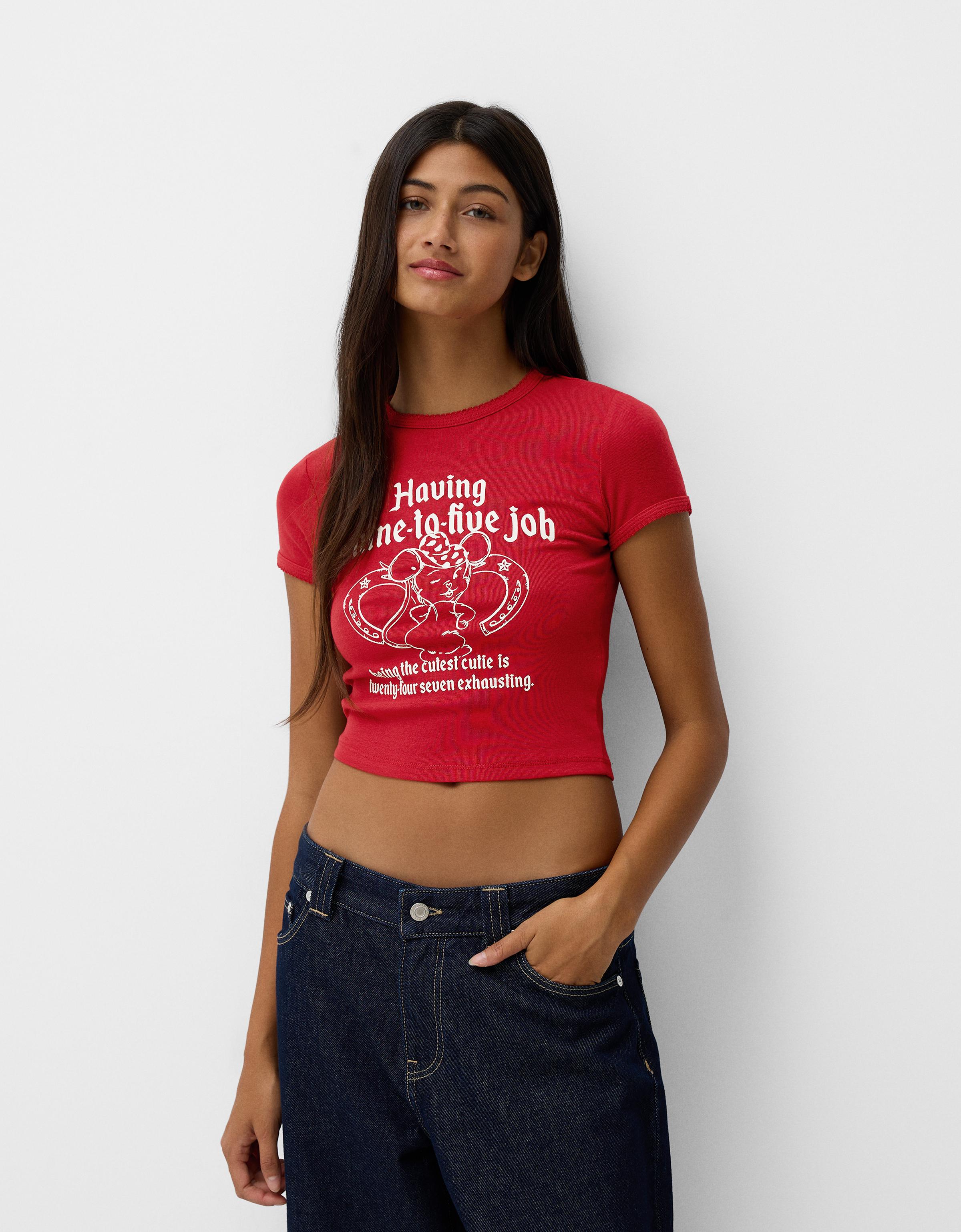 Bershka T-Shirt Mit Print Damen 10-12 Rot