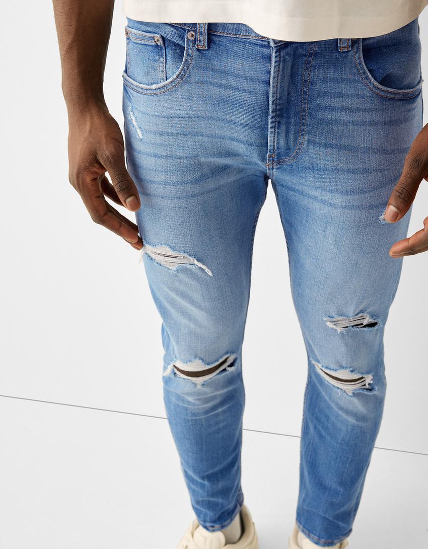 Jeans skinny fit rasgões salpicos-Azul lavado-3
