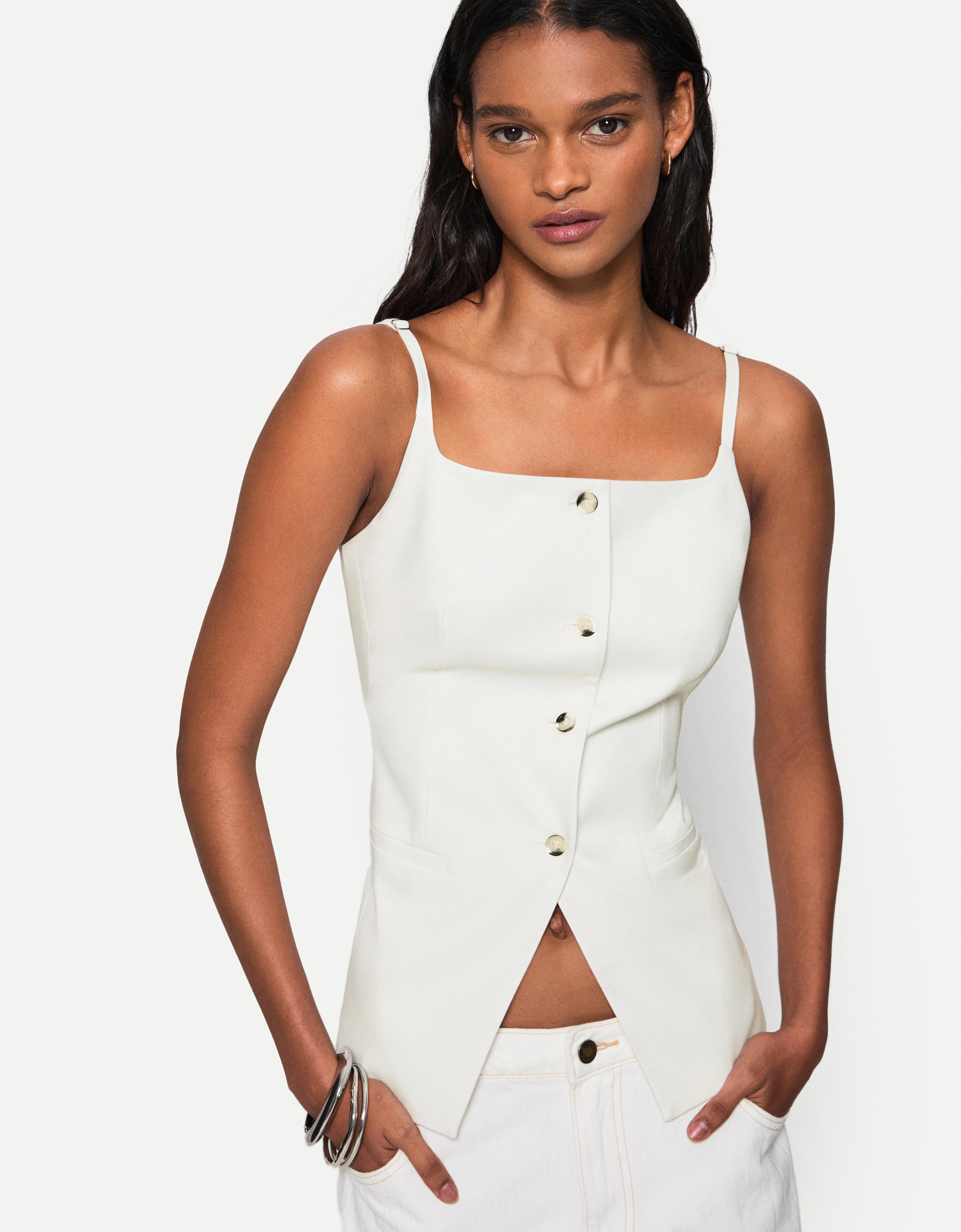 Bershka Lange Weste Mit Kastenausschnitt Damen Xs Rohweiß