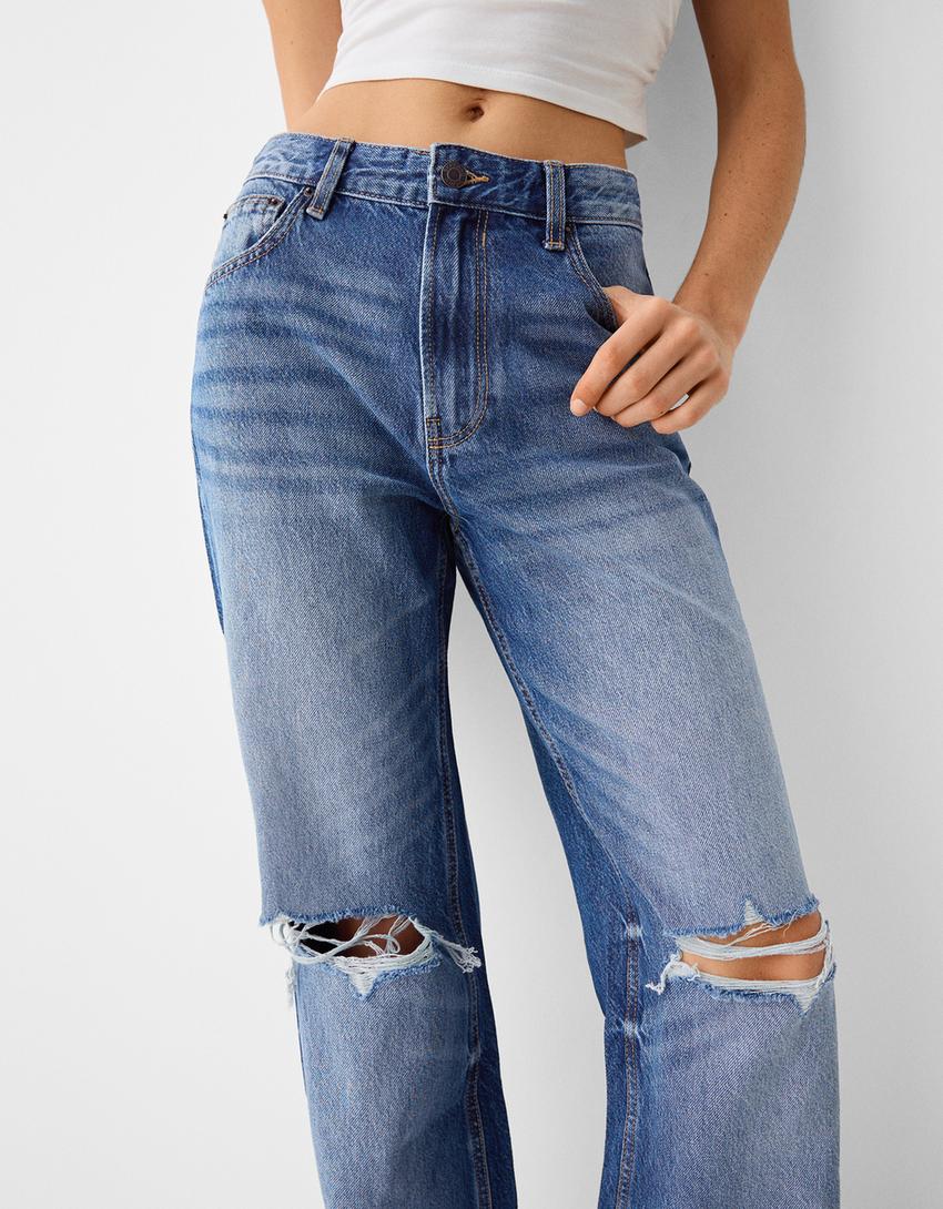 بنطال جينز نمط التسعينيات ممزق واسع الساقين-أزرق-3