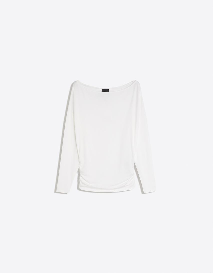 Long sleeve asymmetric neck T-shirt-Off white
