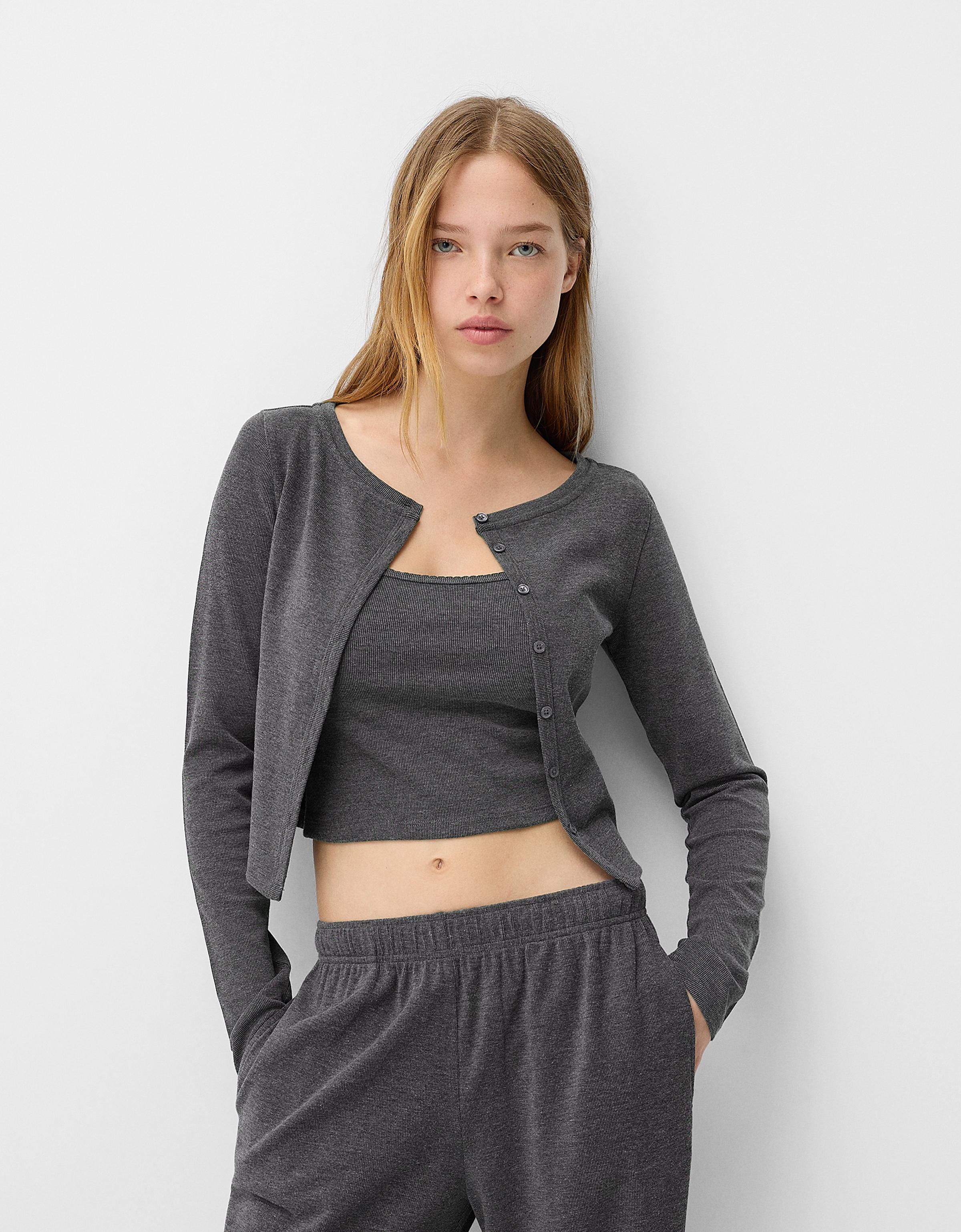 Bershka Strickjacke Mit Top Und Knöpfen Damen Xs Dunkelgrau