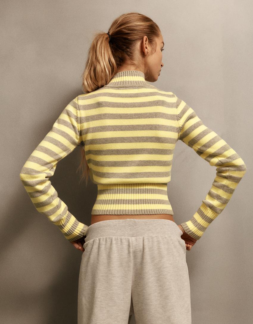 Striped zip-up cardigan-Banana