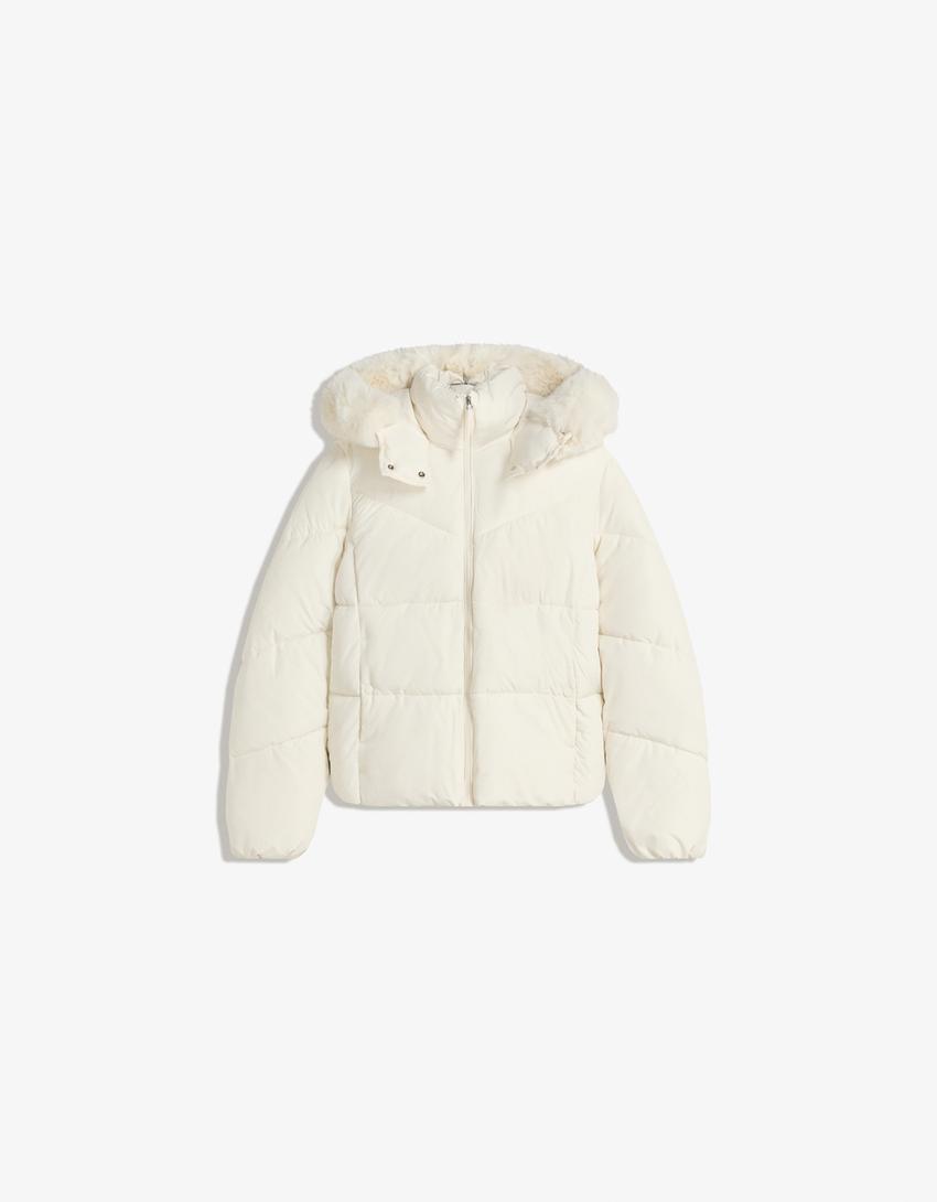 Puffer jacket with faux fur hood-Sand-3