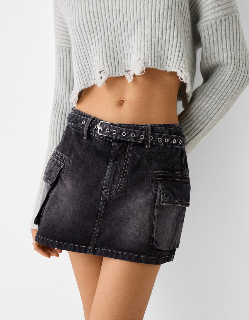 Belted twill cargo mini skirt-Grey