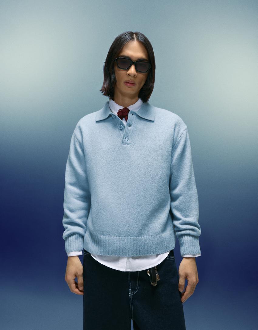 Polo collar sweater-Light blue