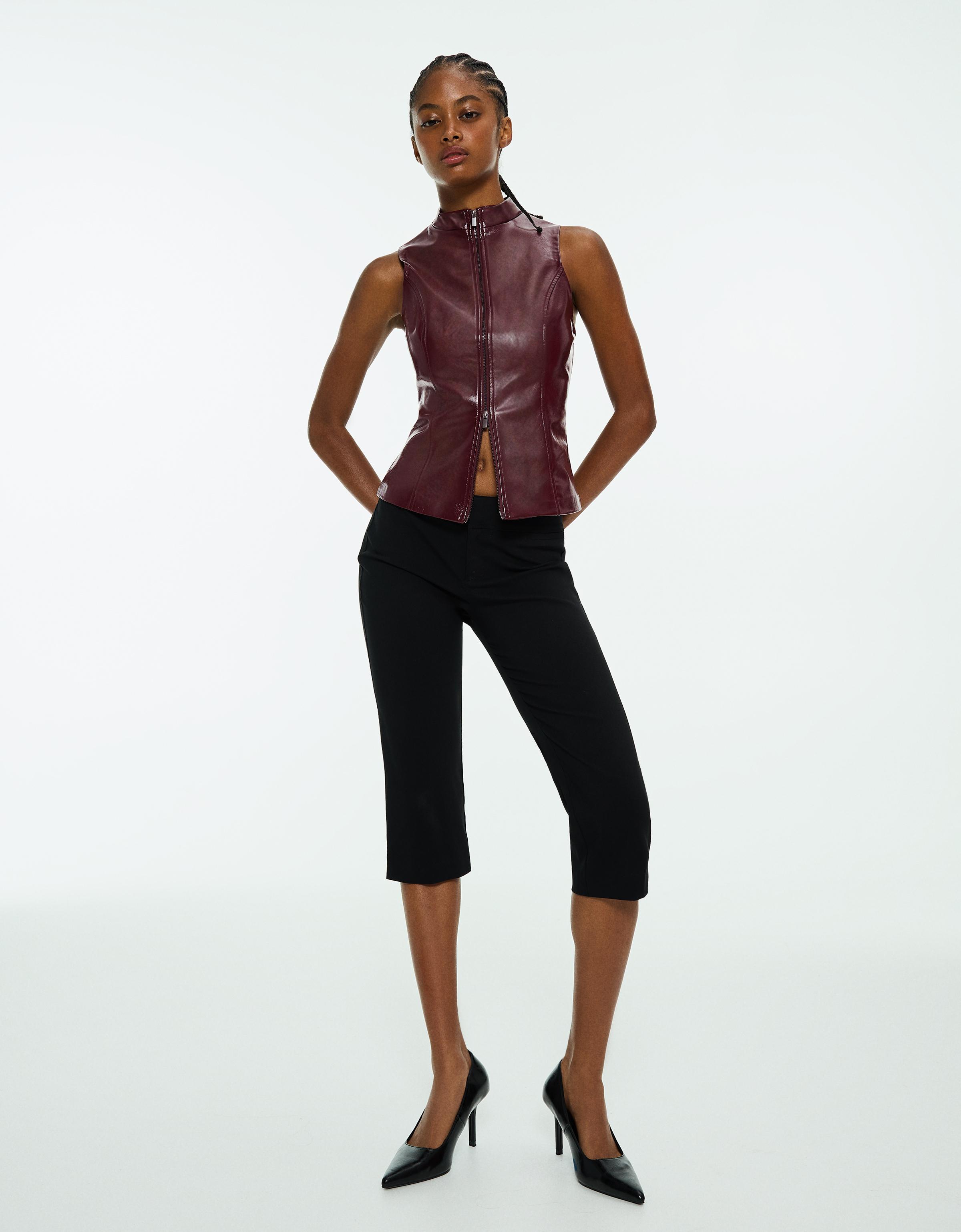 Leather-effect sleeveless high-neck top — Burgundy