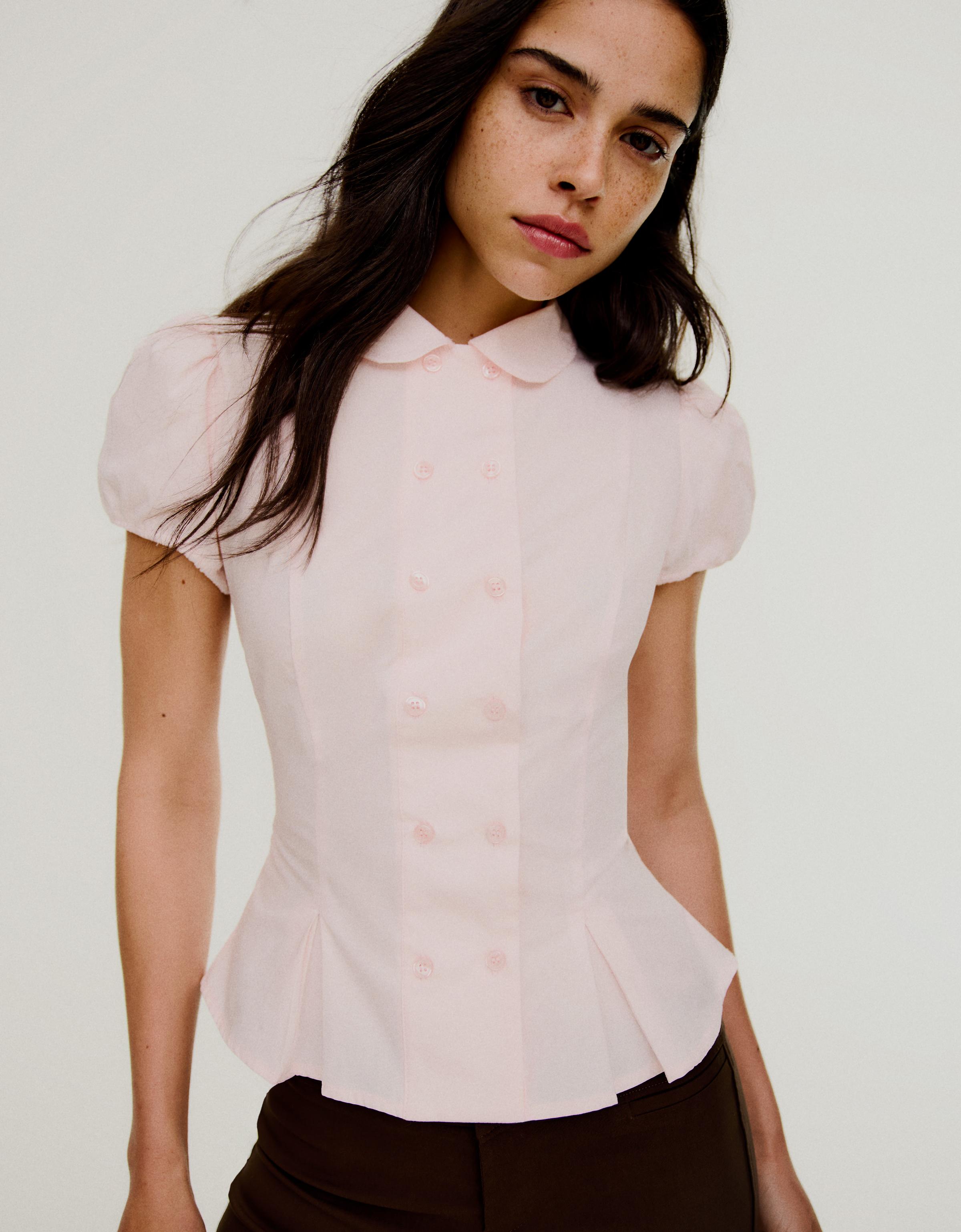 Bershka Camisa Manga Corta Cuello Bobo Mujer Rosa