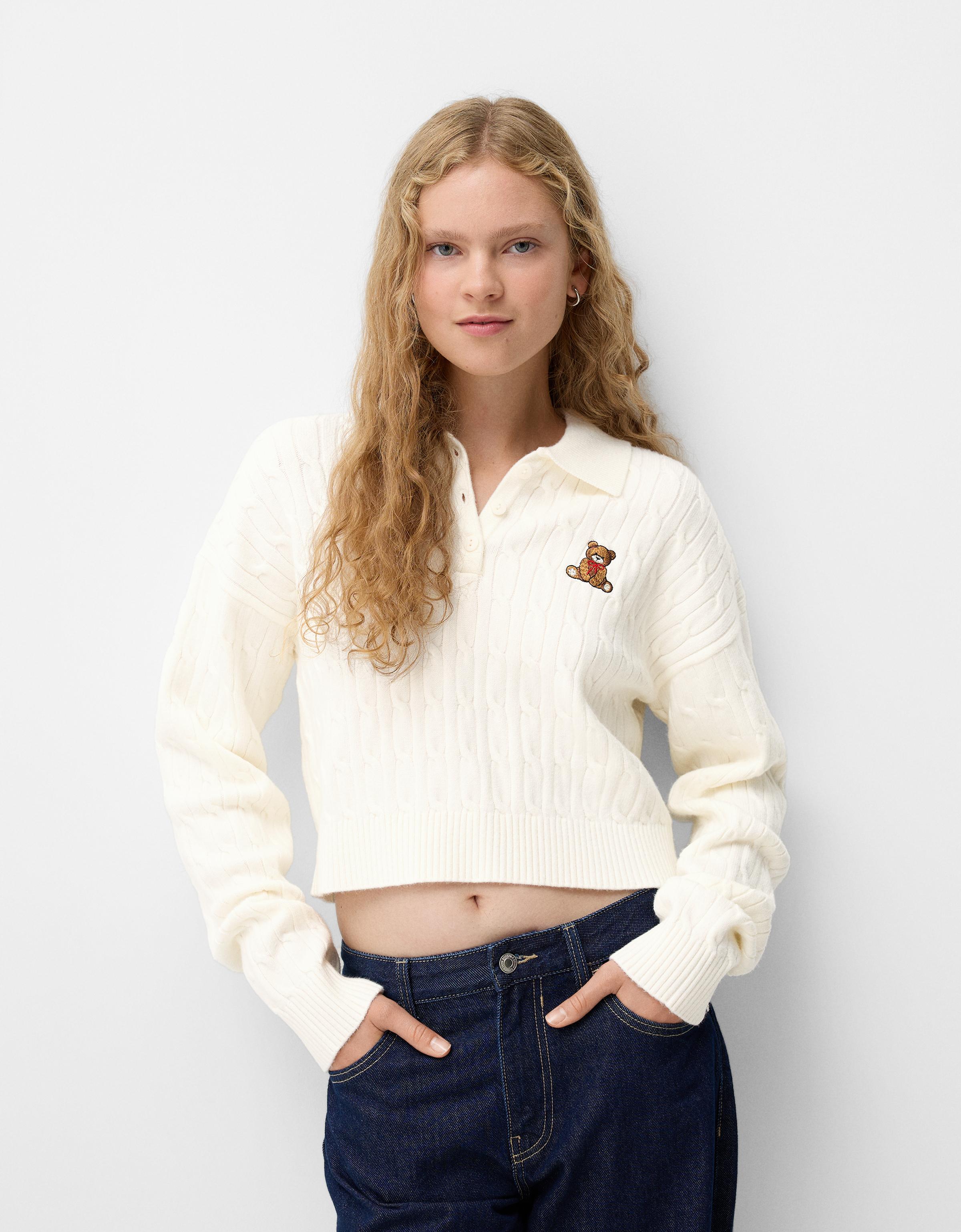 Bershka Pullover Mit Polo-Kragen Und Stickerei Damen Xs Rohweiß