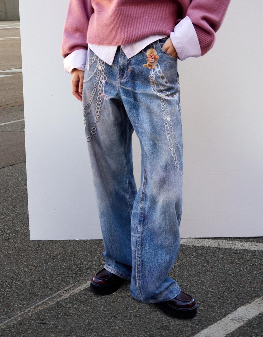 Monchhichi print baggy jeans-Light blue