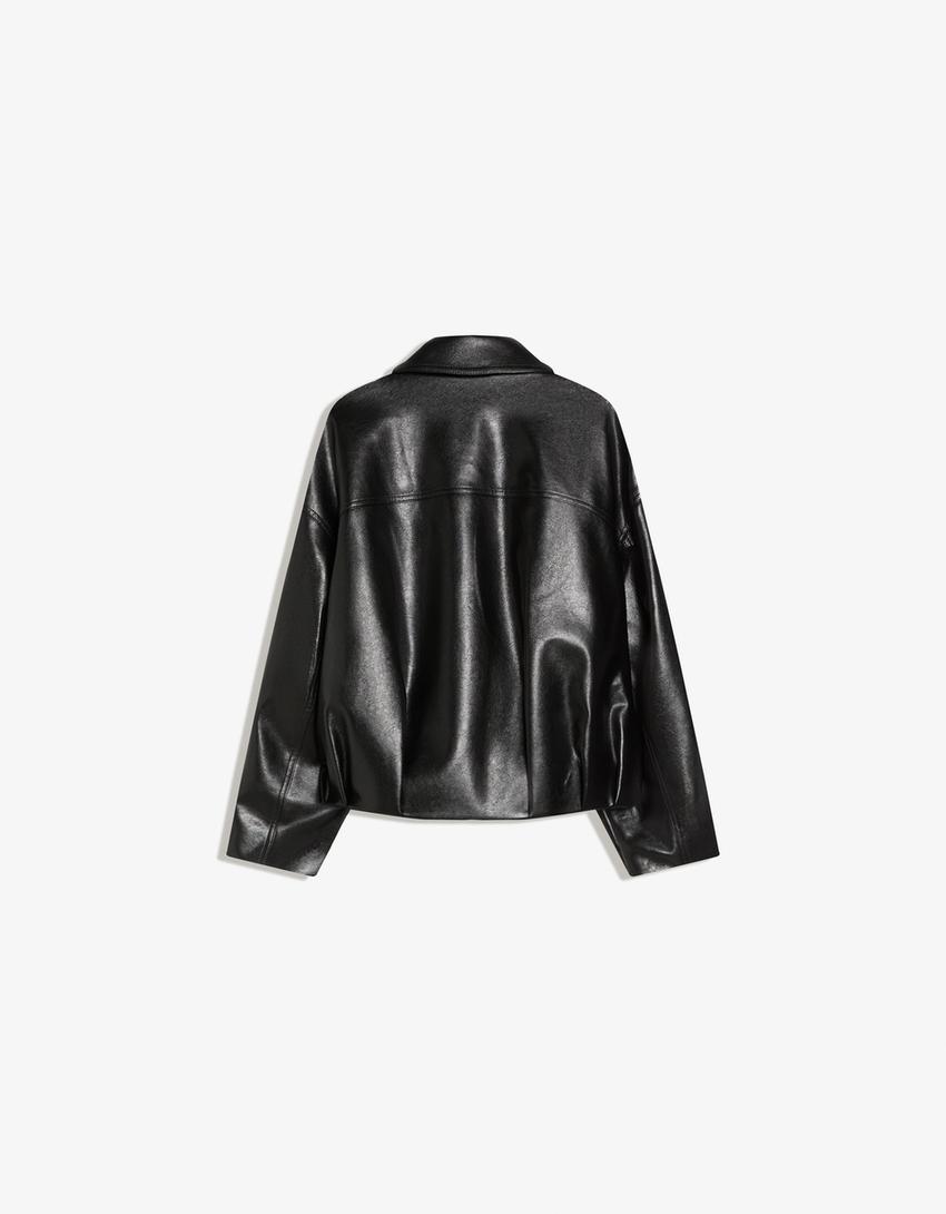 Faux leather bomber jacket with belt-Black