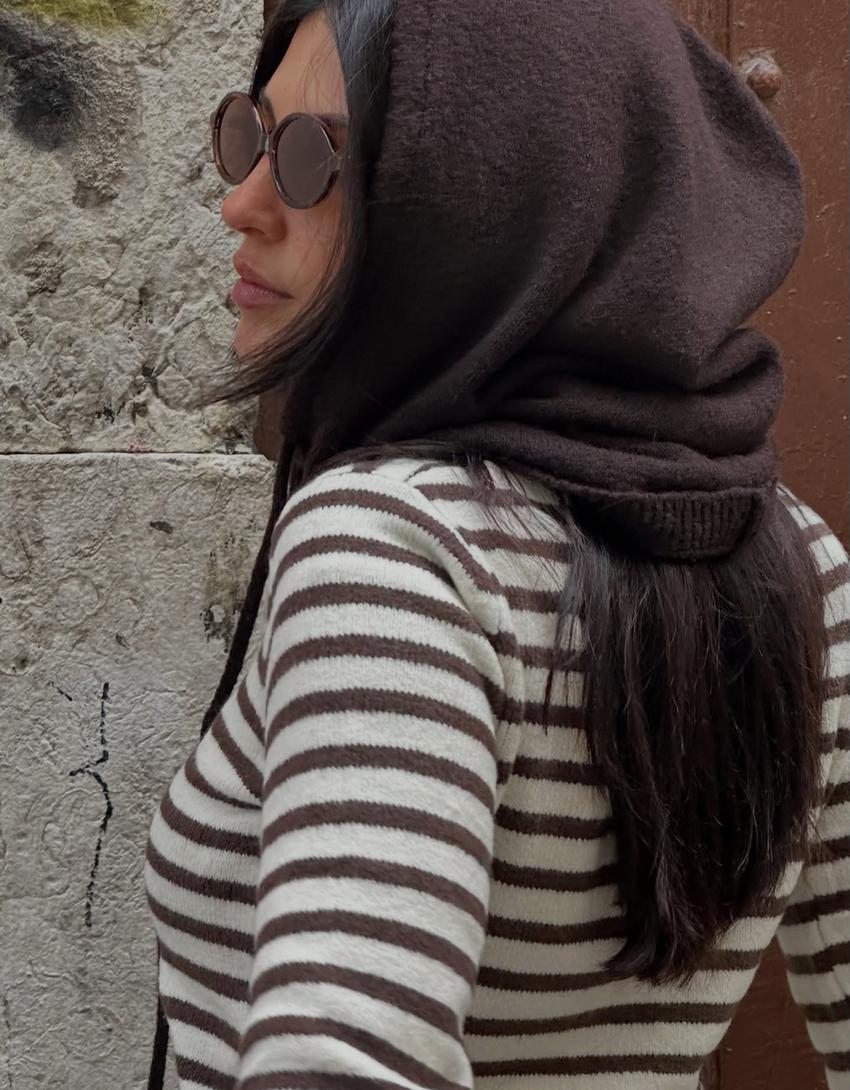 Striped knit cardigan-Brown