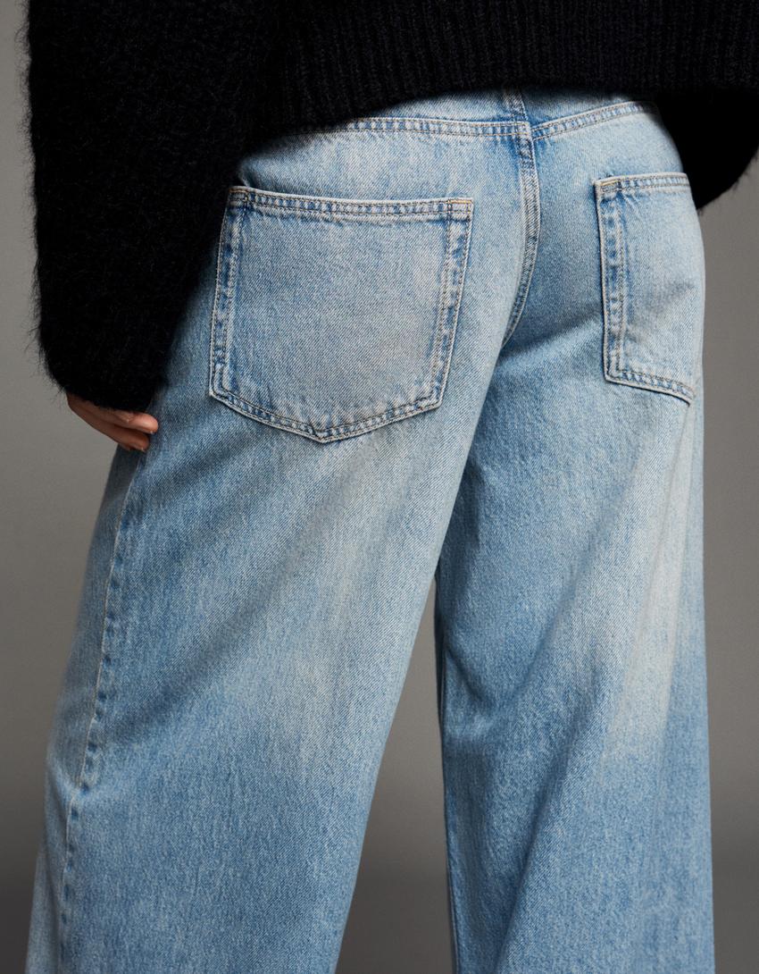 Wide-leg low-waist jeans-Light blue